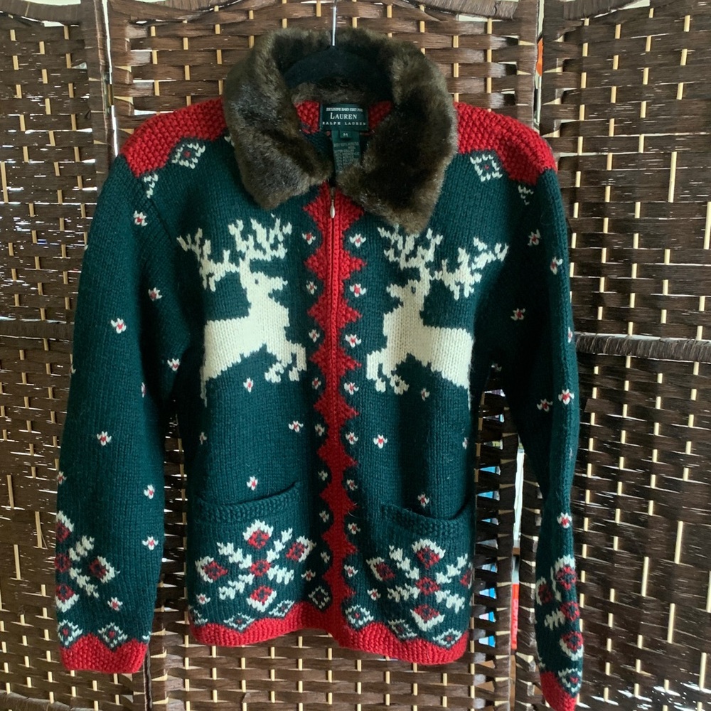 Lauren Ralph Lauren Green Sweater with Reindeer Design